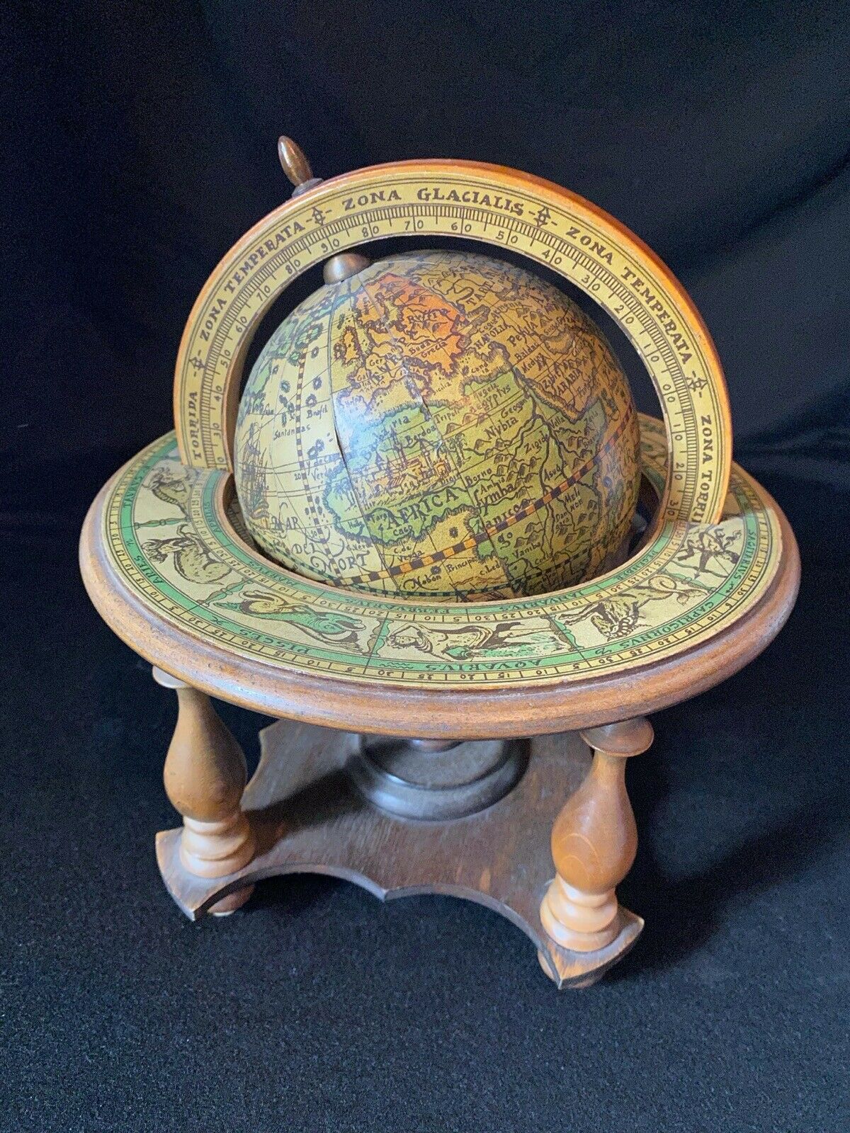 * Vtg Old World Wood Globe Zodiac Astrology Made In Italy