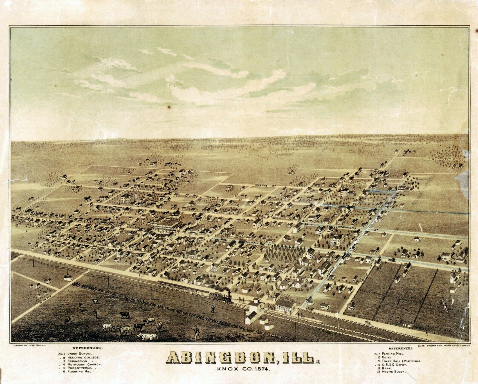 1874 Abingdon Knox County Illinois Panoramic Map Genealogy Poster Il58