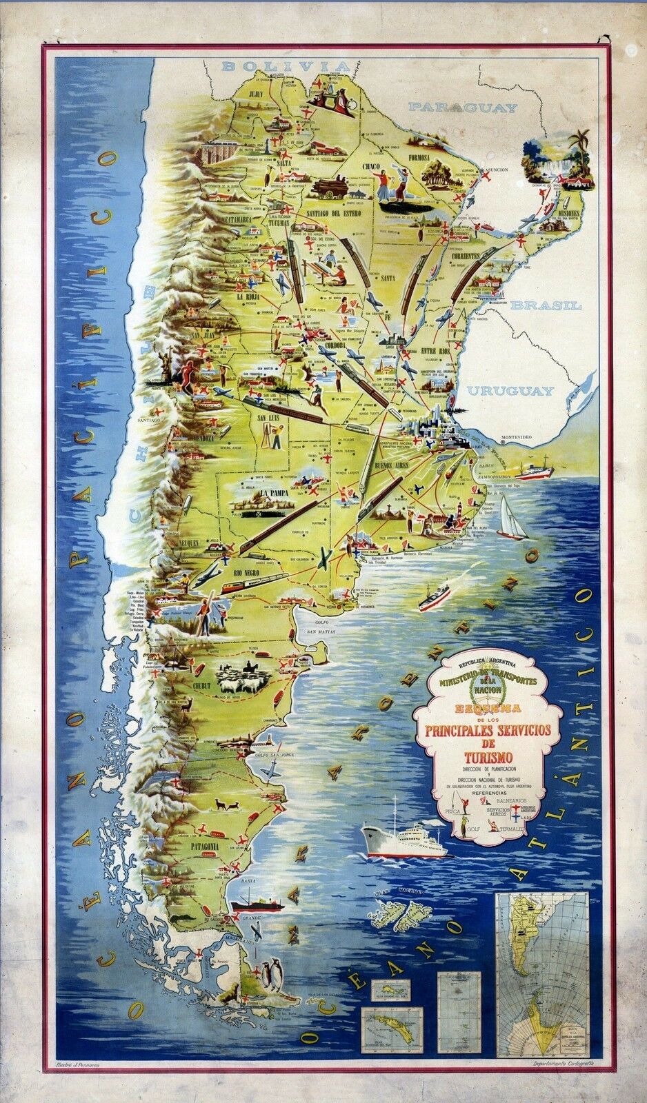 1946 Pictorial Map Argentina Tourist Cities Railroads Activities Poster 9946002