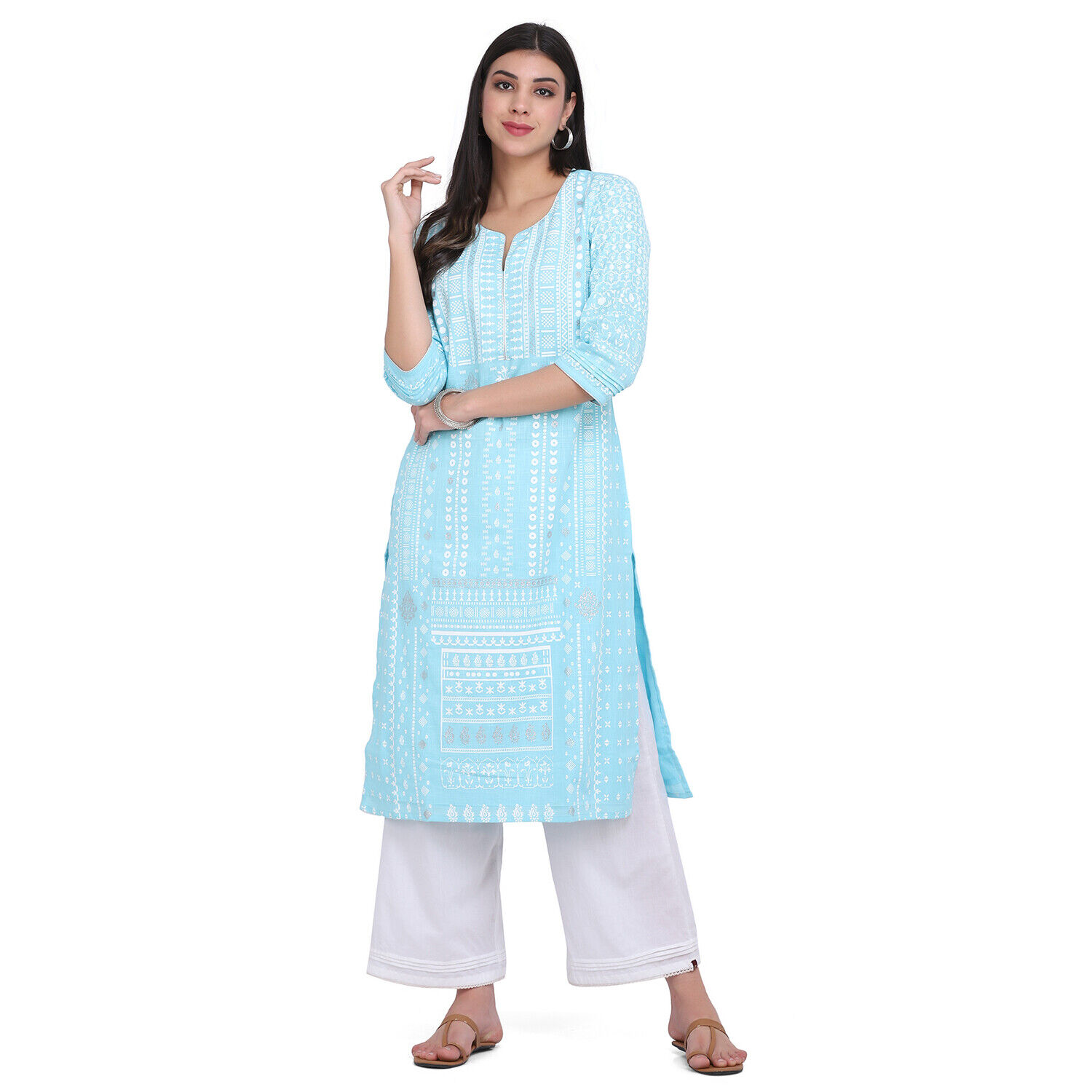 Rangavali Turquoise Cotton Suit set ; includes Kurta,Palazzo & Dupatta Cotton Tu