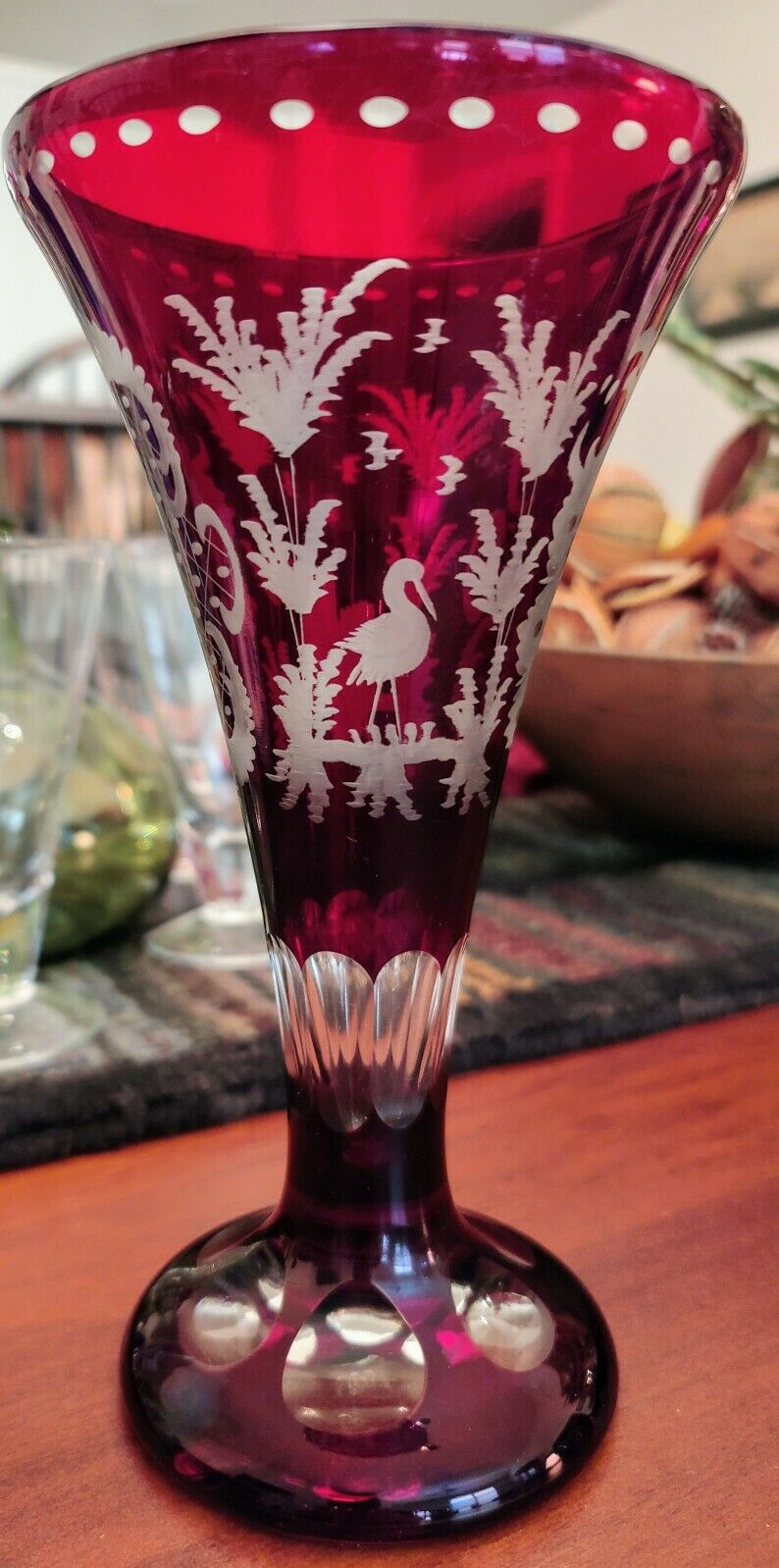 Bohemian Ruby Red Cut To Clear Vase Blue Heron Bird~castle