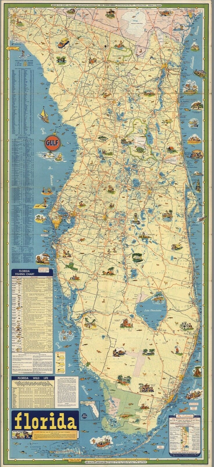 1932 PICTORIAL Historical Map of Florida Includes mileage table POSTER 9522003