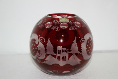Vintage Egermann Ruby Red Bohemian Glass Rose Bowl/ball Vase W/label-stag/castle