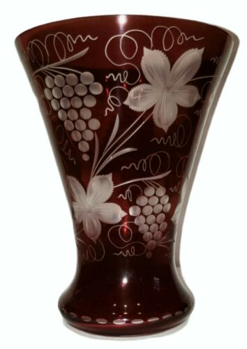 Vintage Egermann Bohemian Czech Ruby Red Cut To Clear 8 Inch Vase Beautiful