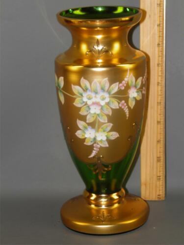 Czech Bohemian Egermann Gold High Enamel Green Crystal Art Glass Vase