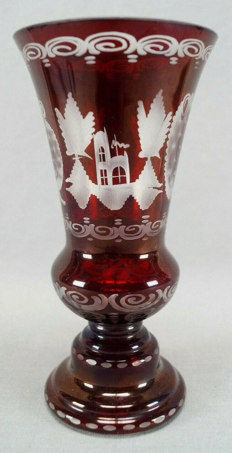 Vintage Mid Century Egermann Ruby Flashed & Intaglio Engraved Bird & Castle Vase