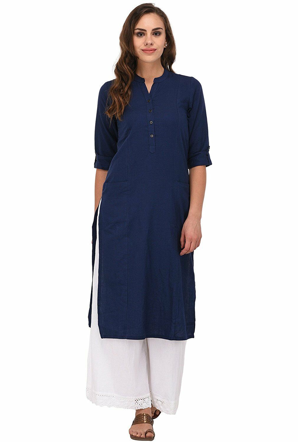 Women's Navy Blue Solid Cotton Kurta with Two Patch Pockets  Plus Size