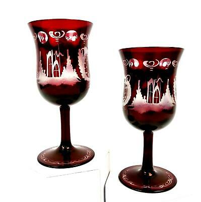 Bohemian Czech Ruby Etch Cut To Clear Castle Bird Tree 2pc 5 1/2" Wine Glasses
