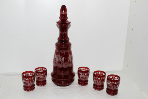 Vintage Bohemian/czech Ruby Red Etched Glass Decanter & 5 Tumblers-stag & Castle