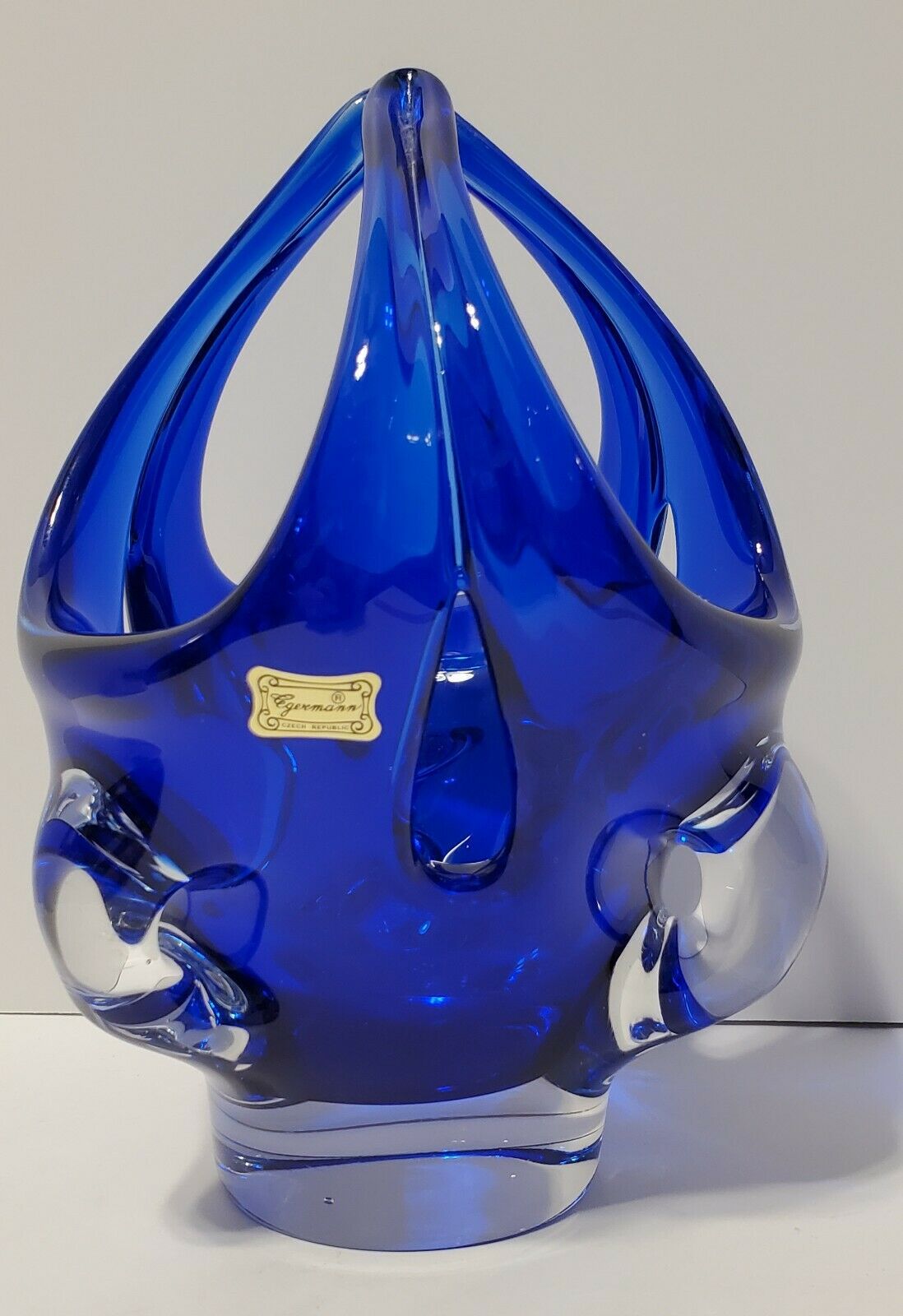 Egermann Art Glass Cobalt Blue W/ Clear Base And Side Decoration Czech Republic