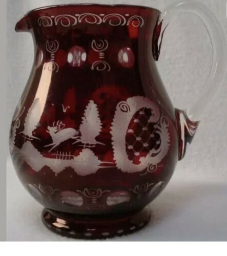 Vintage Czech Bohemian Egermann Etched Ruby Red Cut to Glass Pitcher