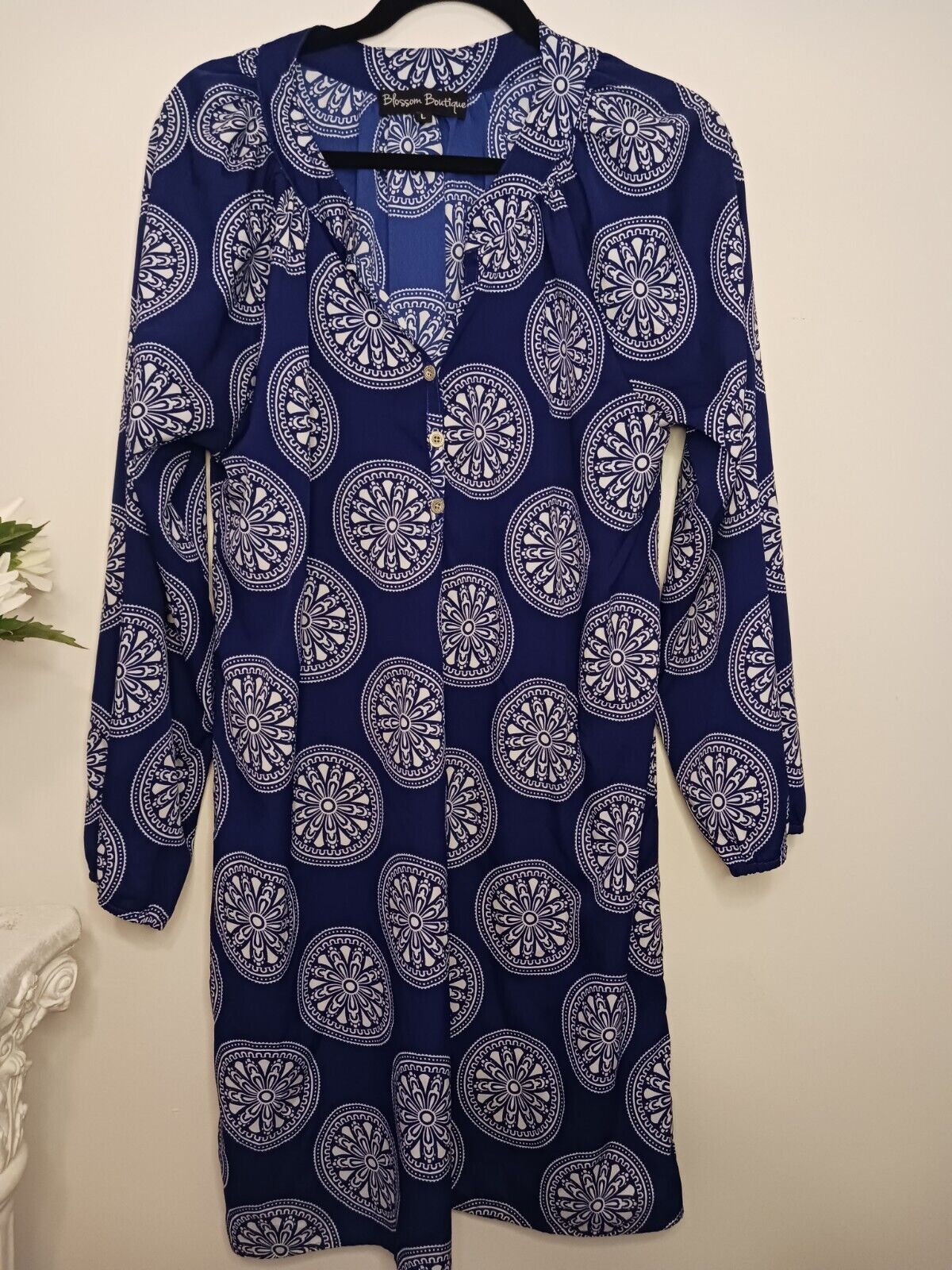 Blossom Boutique Womens Shirtdress Sz L Blue Geometric Print Indian Style Kurti