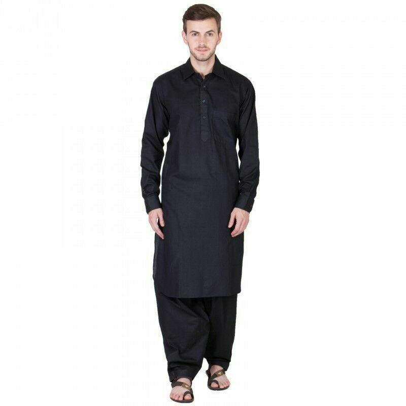 Men's Pathani Kurta Pajama Indian Cotton Ethnic Suit Solid Pattern Black