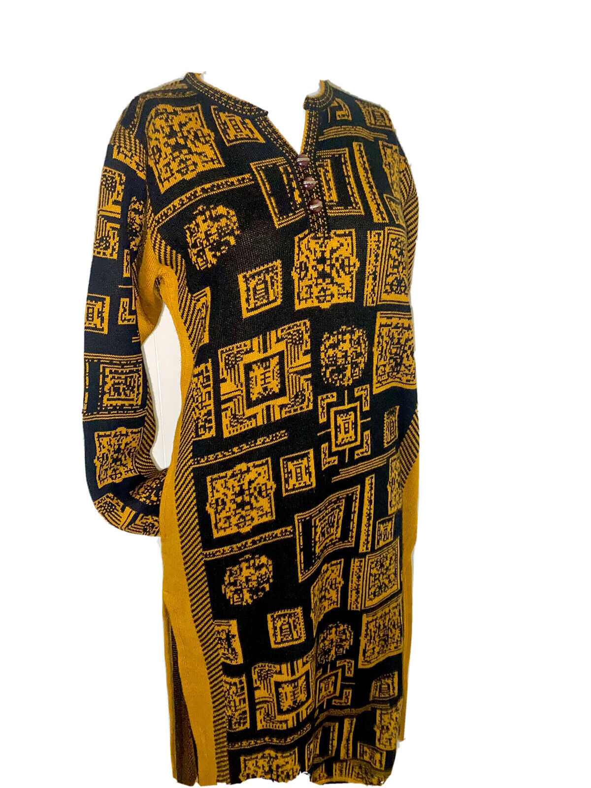 Black And Yellow Warm Indian Winter Woolen Long Kurti With Side Pocket