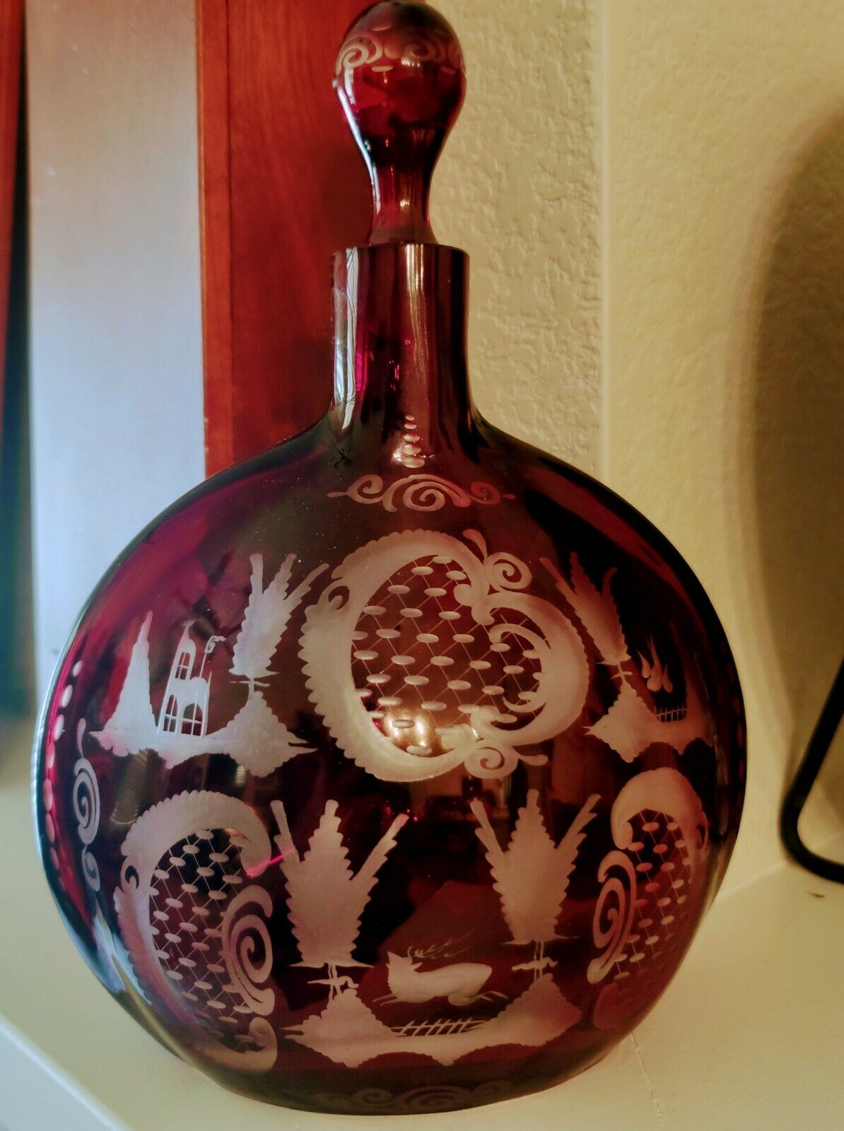 Unusual Antique Egermann Bohemian Ruby Red Liquor Decanter,  Etched Decanter