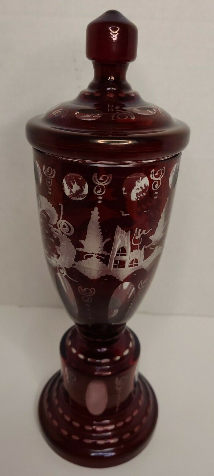 Egermann  Ruby Red Cut To Clear Lidded Vase/ Jar/ Urn/ Apothecary Excellent Con