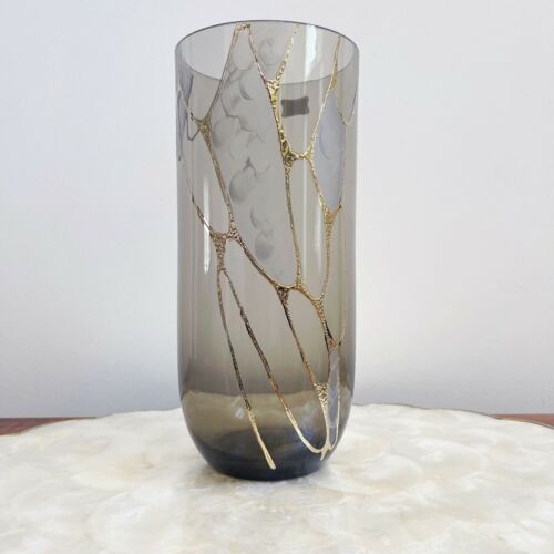 Egermann Hand Made Czech Smoke Grey 24k Gold  Glass Vase Glass Art New 10”